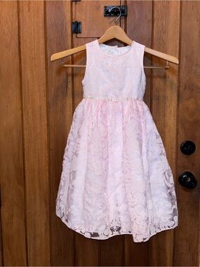 Girls' Pink Lace Party Dress with Floral Ribbon Waist